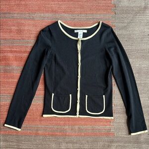 Vintage 90s Max Studio Fitted Black Cardigan with Cream Trim